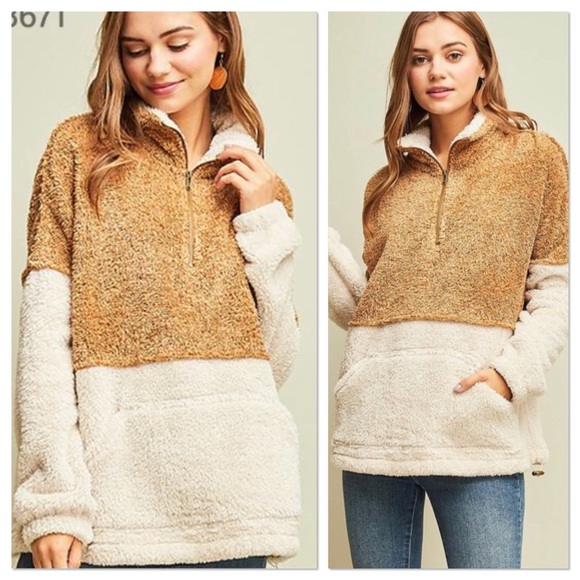 Lavender Moon Sweaters - LAST ONE Camel & Ivory Faux Sherpa Fleece Pullover
